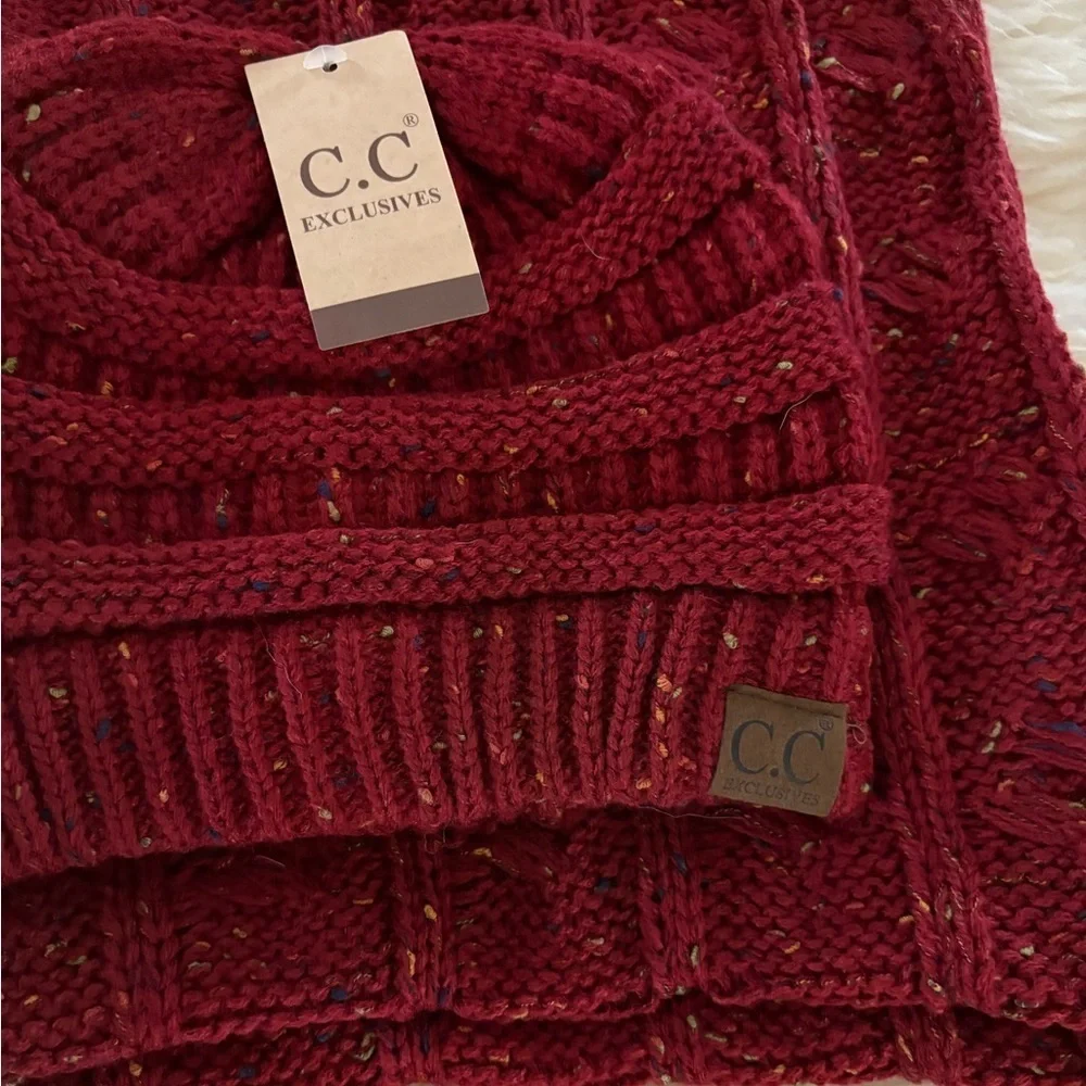 C.C Exclusives Burgundy Cable Knit Beanie and Infinity Scarf Set - Picture 2 of 2